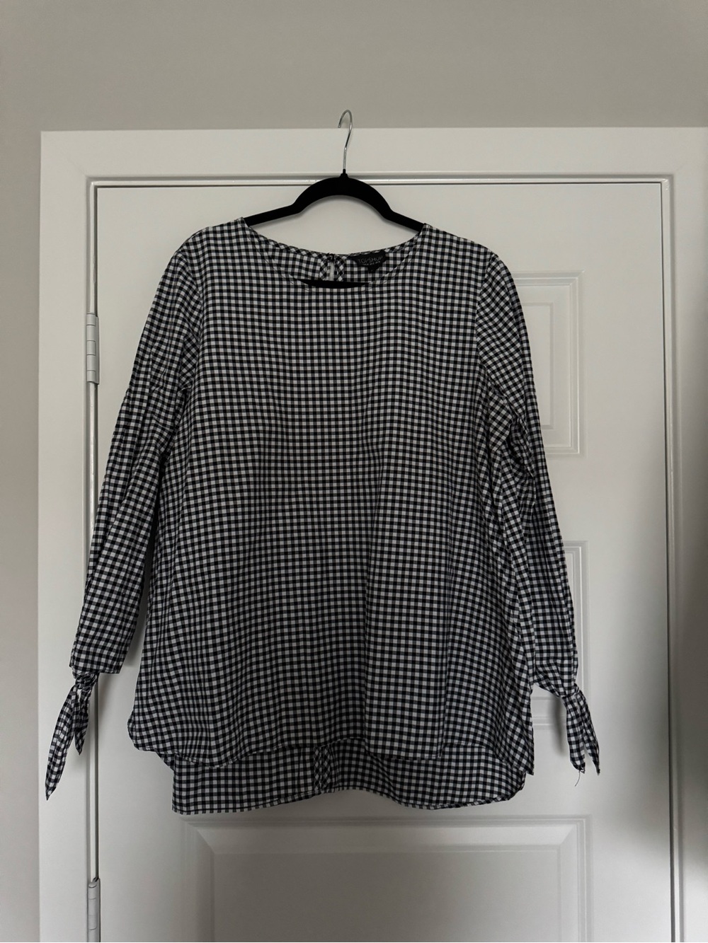 Topshop Black & White Gingham Tie-Sleeve Long Sleeve Top